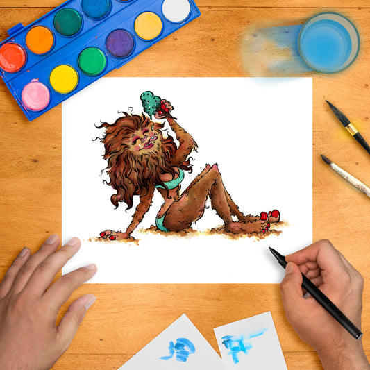 Humorous illustration of a female Sasquatch in a green bikini, lounging on the beach while eating a cactus fruit.