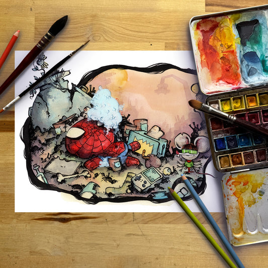 A colorful watercolor illustration of Spider-Man and a small spider-themed character in a messy room, displayed on a white sheet of paper on a wooden table with paintbrushes, watercolor paints, and pencils.