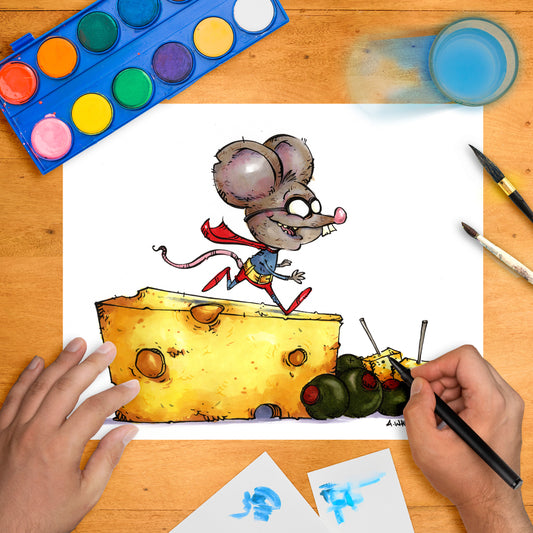 Cartoon-style drawing of a superhero mouse in a red cape running across a giant wedge of cheese with olives.