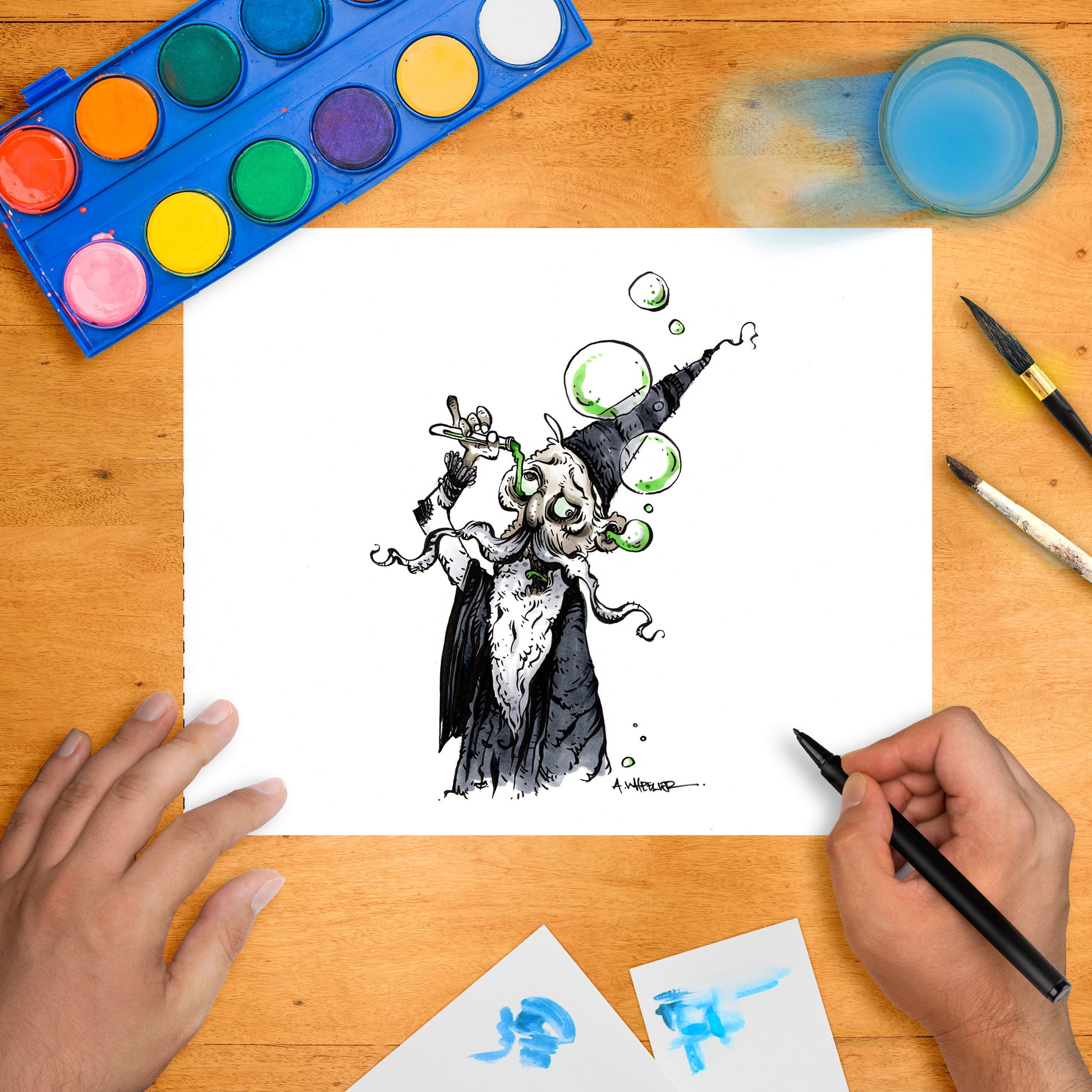 Black and white wizard character with tentacle beard, blowing green bubbles from a pipe in a surreal, fantasy style.
