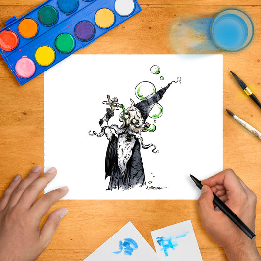 Black and white wizard character with tentacle beard, blowing green bubbles from a pipe in a surreal, fantasy style.