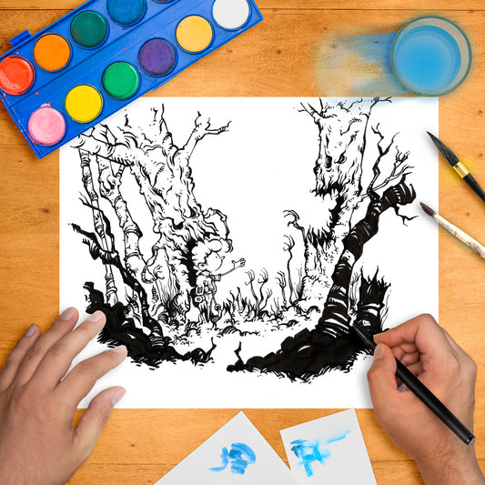 Black ink illustration of a small figure walking through a forest of gnarled, monstrous trees with faces.