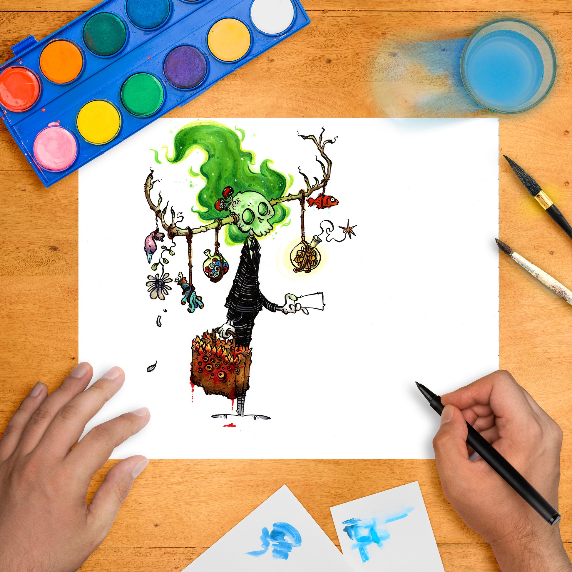 Whimsical fantasy illustration of a green-haired skeletal figure in a suit, carrying a briefcase filled with red-eyed creatures, with tree branch antlers decorated with dangling trinkets and fish.