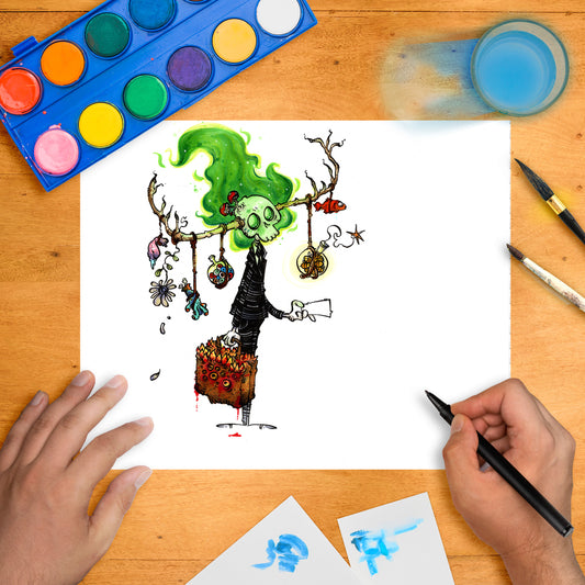 Whimsical fantasy illustration of a green-haired skeletal figure in a suit, carrying a briefcase filled with red-eyed creatures, with tree branch antlers decorated with dangling trinkets and fish.