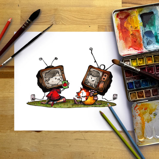 A white sheet of paper on a wooden desk featuring a hand-drawn cartoon illustration of two children with retro television sets, surrounded by art supplies including paintbrushes, watercolor paints, and colored pencils.