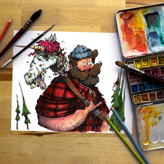 A whimsical hand-drawn illustration on a white sheet of paper, showing a bearded man in a red plaid shirt carrying a unicorn on his shoulders, surrounded by paintbrushes, watercolor paints, and a paint palette on a wooden table.