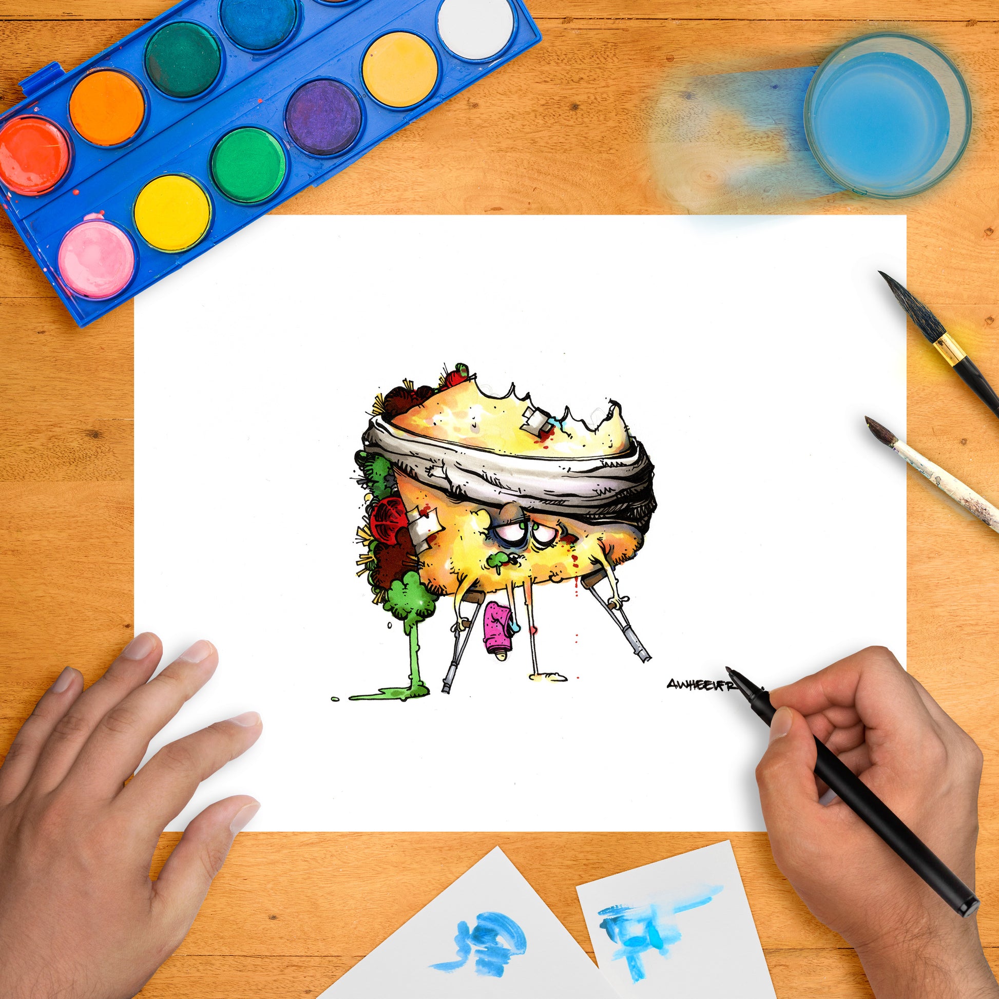 Humorous drawing of a taco character on crutches, with a bite taken out, wearing a bandage and looking grumpy.