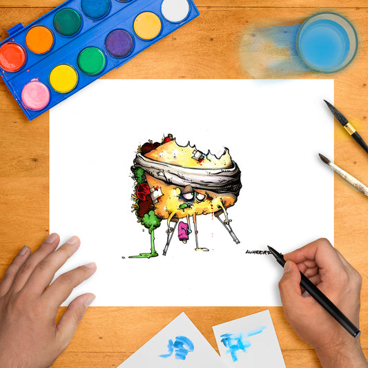 Humorous drawing of a taco character on crutches, with a bite taken out, wearing a bandage and looking grumpy.