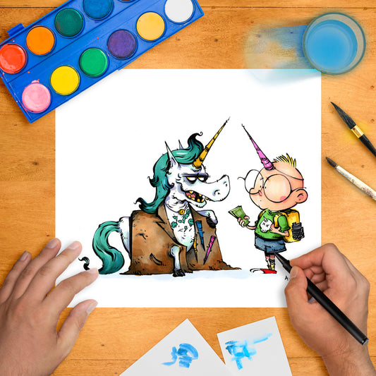 Humorous scene of a shady, tattooed unicorn in a trench coat selling items to a young boy dressed as a unicorn, holding cash.