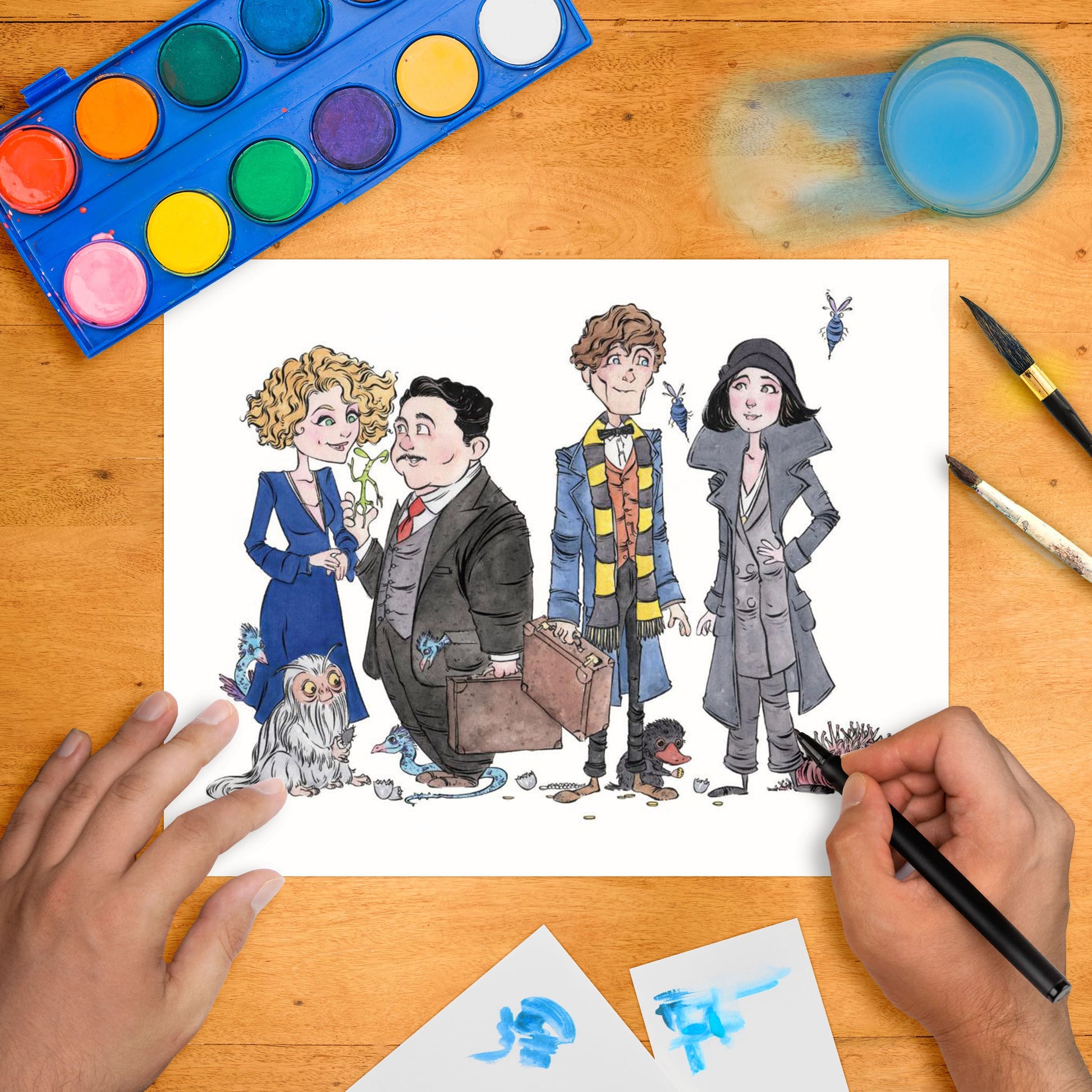 A framed original watercolor artwork featuring cartoon-style characters in vintage clothing and a small dog, displayed on a white wall.