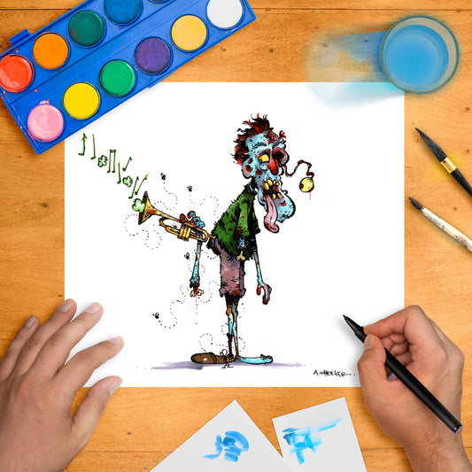 Cartoon zombie holding a trumpet, with flies buzzing around, playing music through a detached trumpet mute held in its mouth.