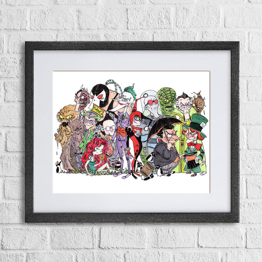 A framed watercolor print featuring a collection of stylized, cartoon-like characters, primarily in black and white with some color accents.