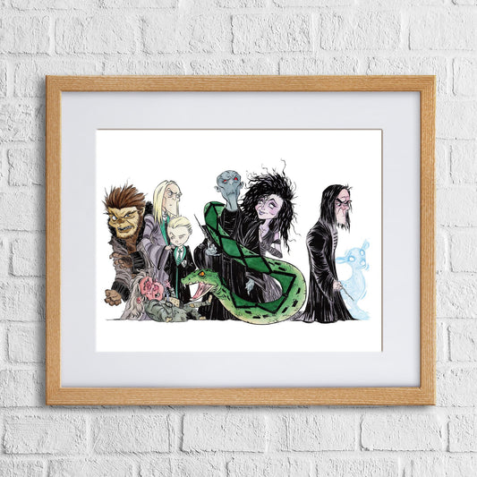 Fine-art print “Demise Devourers” by Anthony Wheeler — dark fantasy illustration of monstrous devourers surrounding a silhouette figure, vivid marker art.