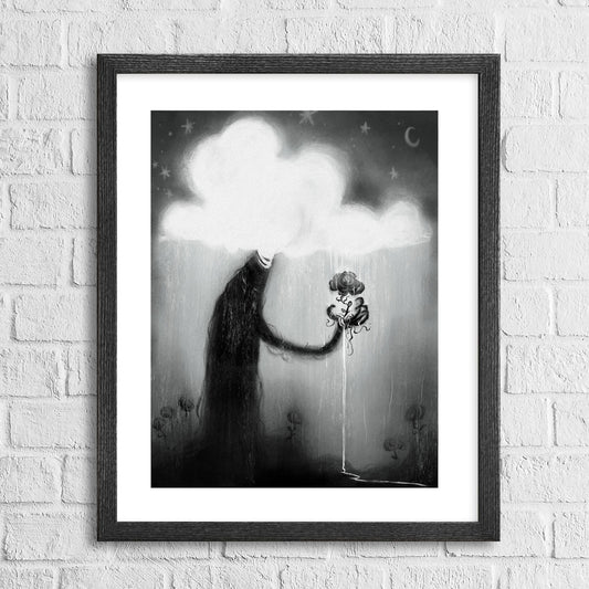 Surreal black-and-white illustration of a tall shadowy figure with a large white cloud for a head, standing in a rainy landscape under a starry night sky. The figure extends a long arm to gently present a single blooming flower, which appears to be nourished by the rain dripping from the cloud above. Smaller, faint flowers grow in the background. The overall mood is dreamlike and melancholic.