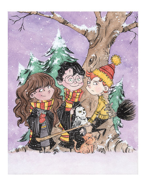 Fine-art print “Golden Trio (Full)” by Anthony Wheeler — full scale illustration of three golden-toned characters in stylised composition.