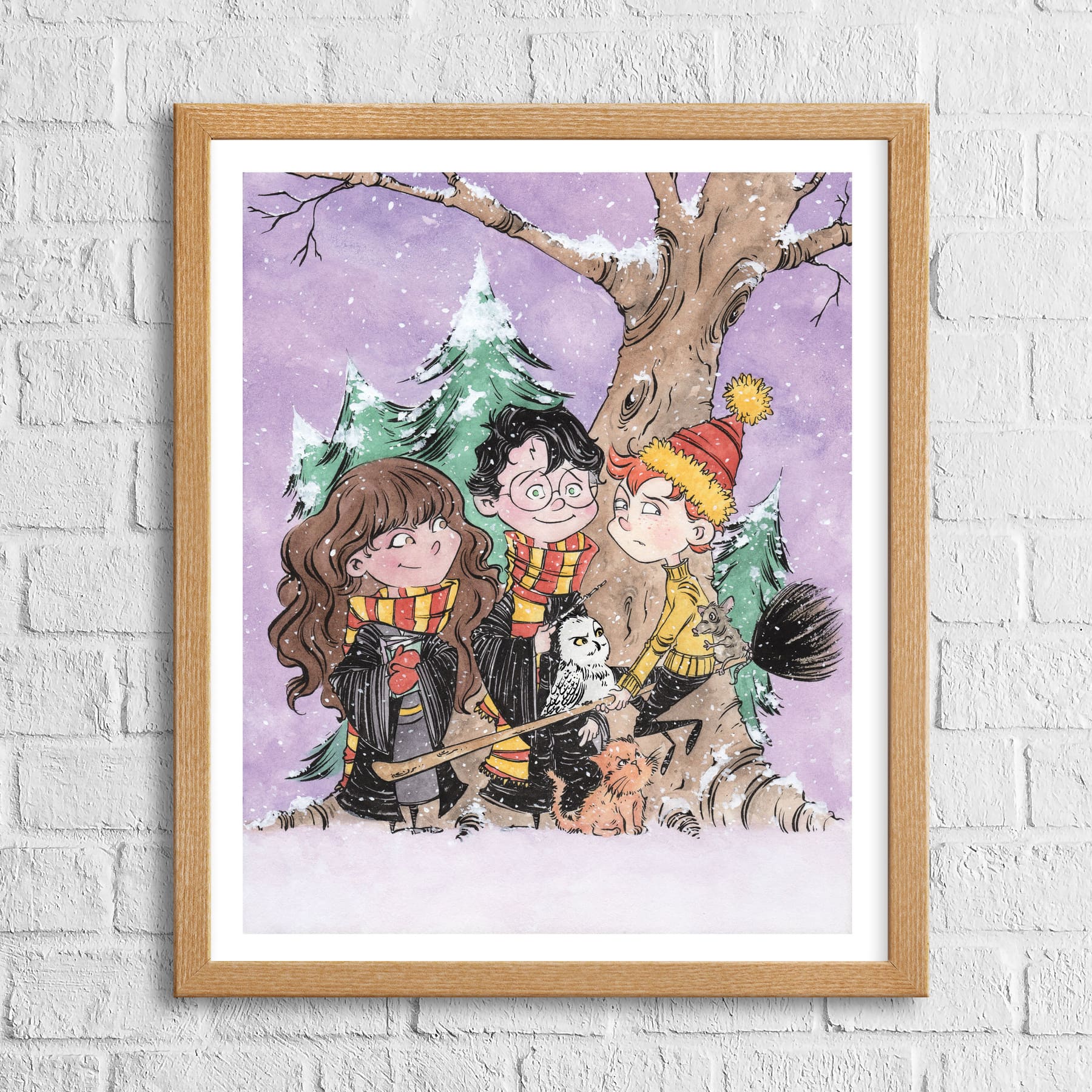 A print featuring cartoon characters Reinhold, Harvey, and Minnie, standing in a snowy setting with a tree and a cat.