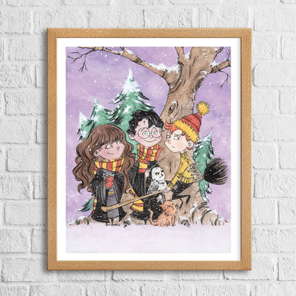 A print featuring cartoon characters Reinhold, Harvey, and Minnie, standing in a snowy setting with a tree and a cat.