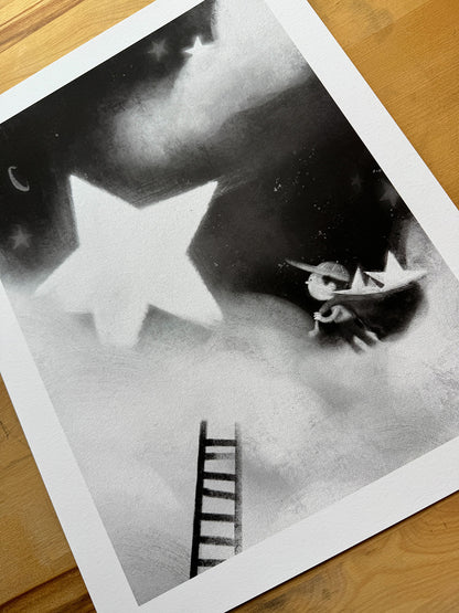 Close-up detail of small character holding star in Anthony Wheeler illustration print.