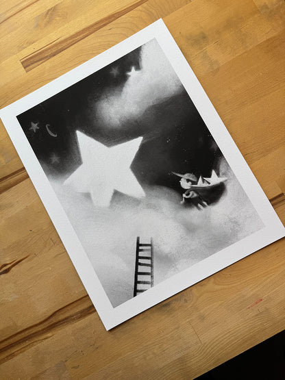 Anthony Wheeler star illustration art print photographed at an angle showing dreamy night sky scene.