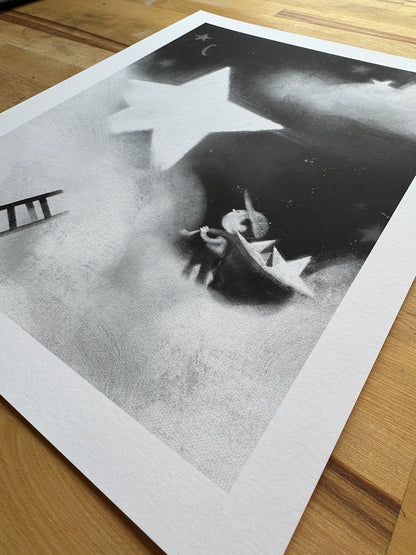 Close angled view of I Brought You Back the Star print highlighting glowing star and character.