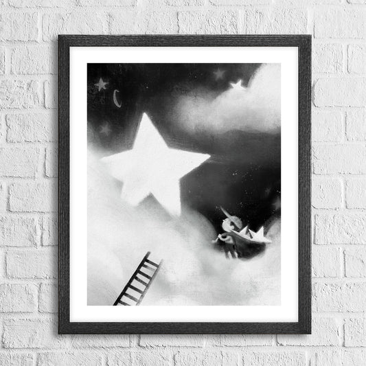 I Brought You Back the Star art print by Anthony Wheeler showing a child reaching toward a glowing star in a dreamy night sky.