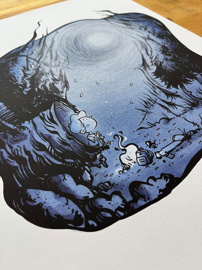 Close-up of Lost in the Woods illustration showing small traveler and campfire in dark forest.