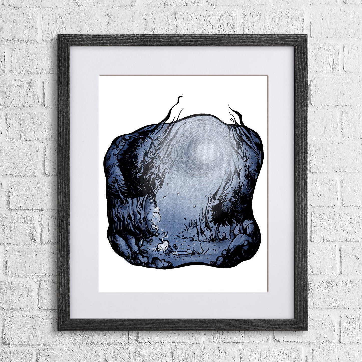 Monochrome illustration of a small figure standing in a dark forest clearing beneath towering trees with a glowing light overhead from Anthony Wheeler.