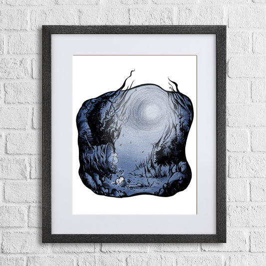 Monochrome illustration of a small figure standing in a dark forest clearing beneath towering trees with a glowing light overhead from Anthony Wheeler’s Into the Grey series.