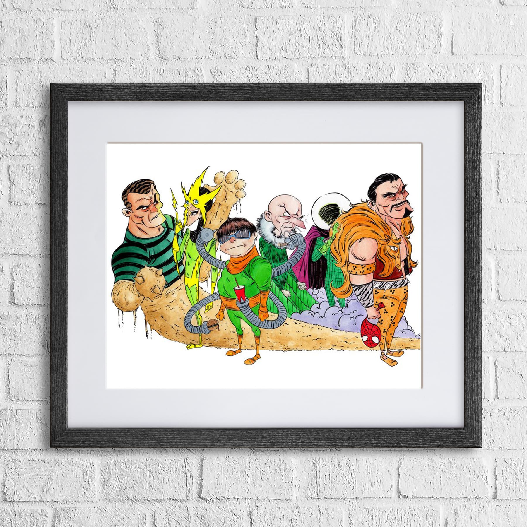 Fine-art print “Menacing Sextet” by Anthony Wheeler — six villainous characters grouped in a powerful pose, stylised illustration for wall art.
