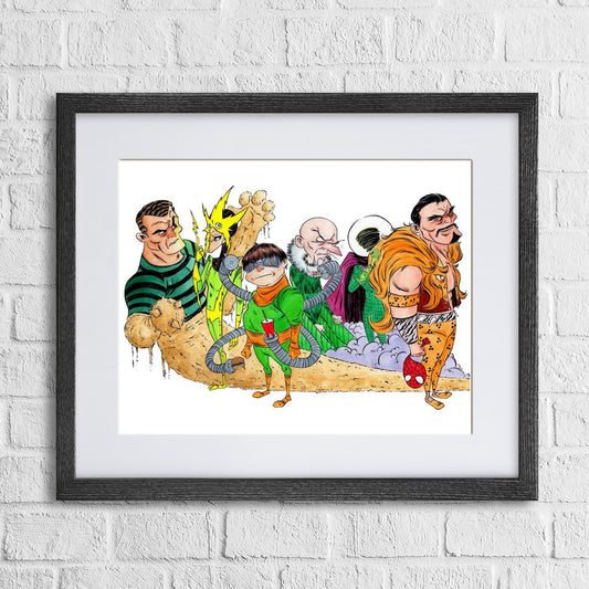 Fine-art print “Menacing Sextet” by Anthony Wheeler — six villainous characters grouped in a powerful pose, stylised illustration for wall art.
