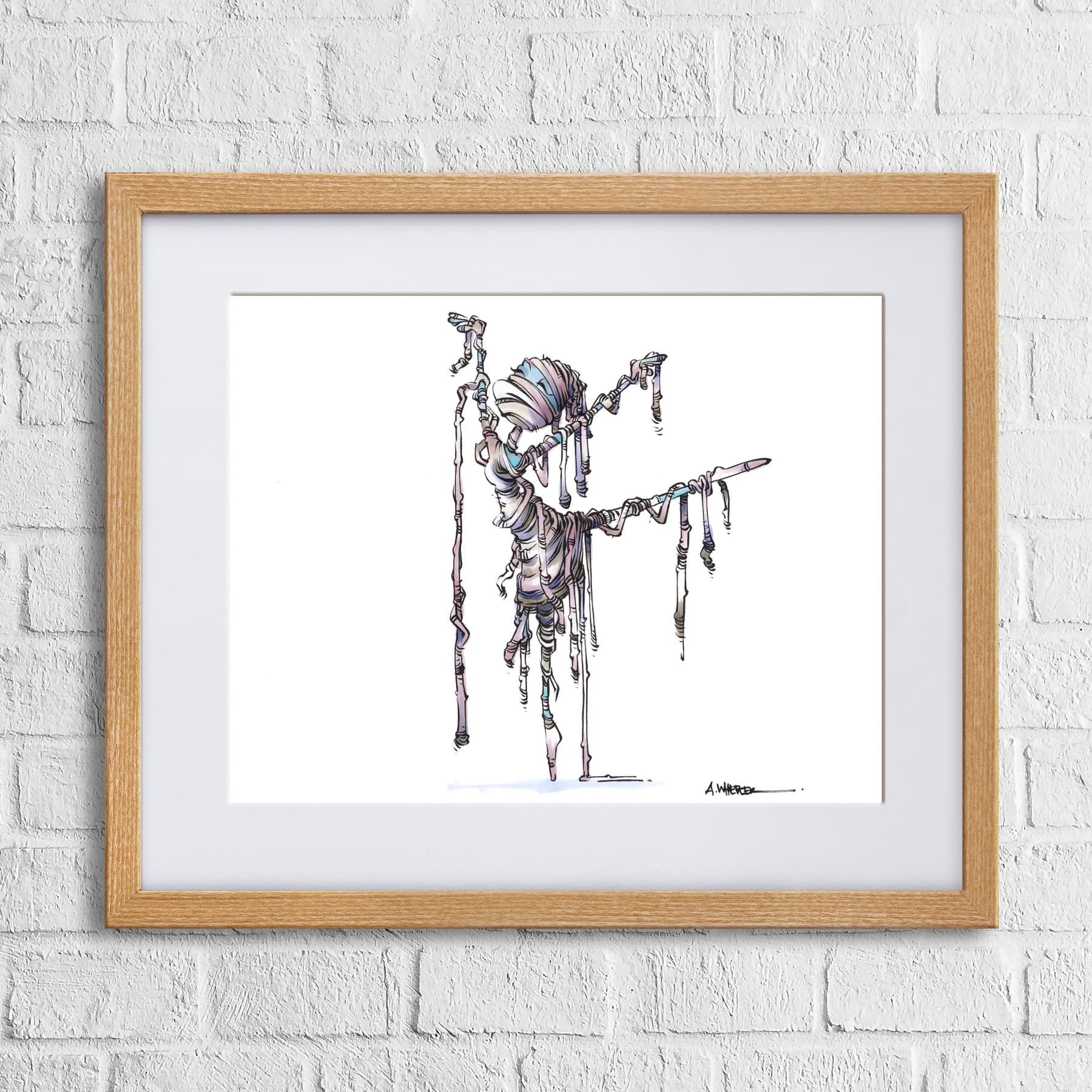A framed watercolor print of a mummy in an arabesque pose, with visible drip lines and a gray background.