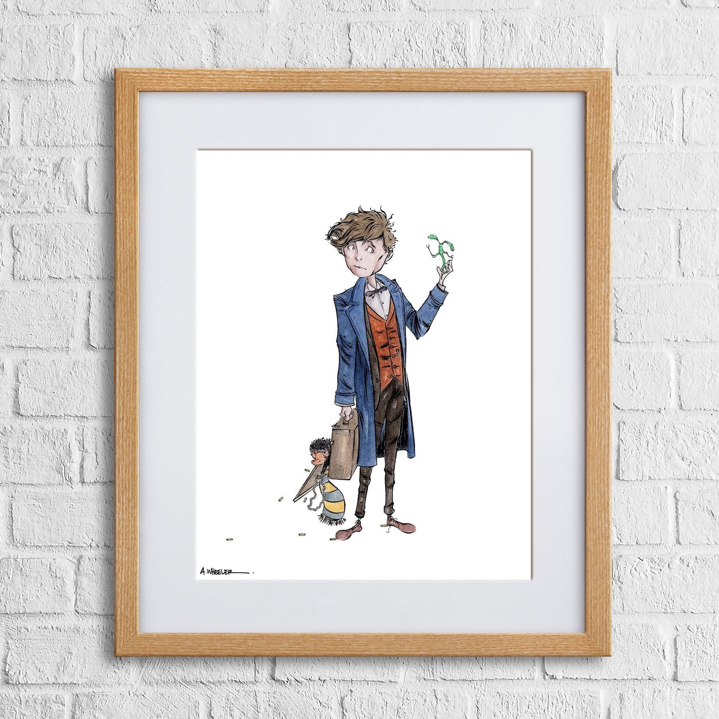 A framed watercolor print featuring a cartoon-style character holding a green umbrella and a suitcase, standing against a brick wall background.