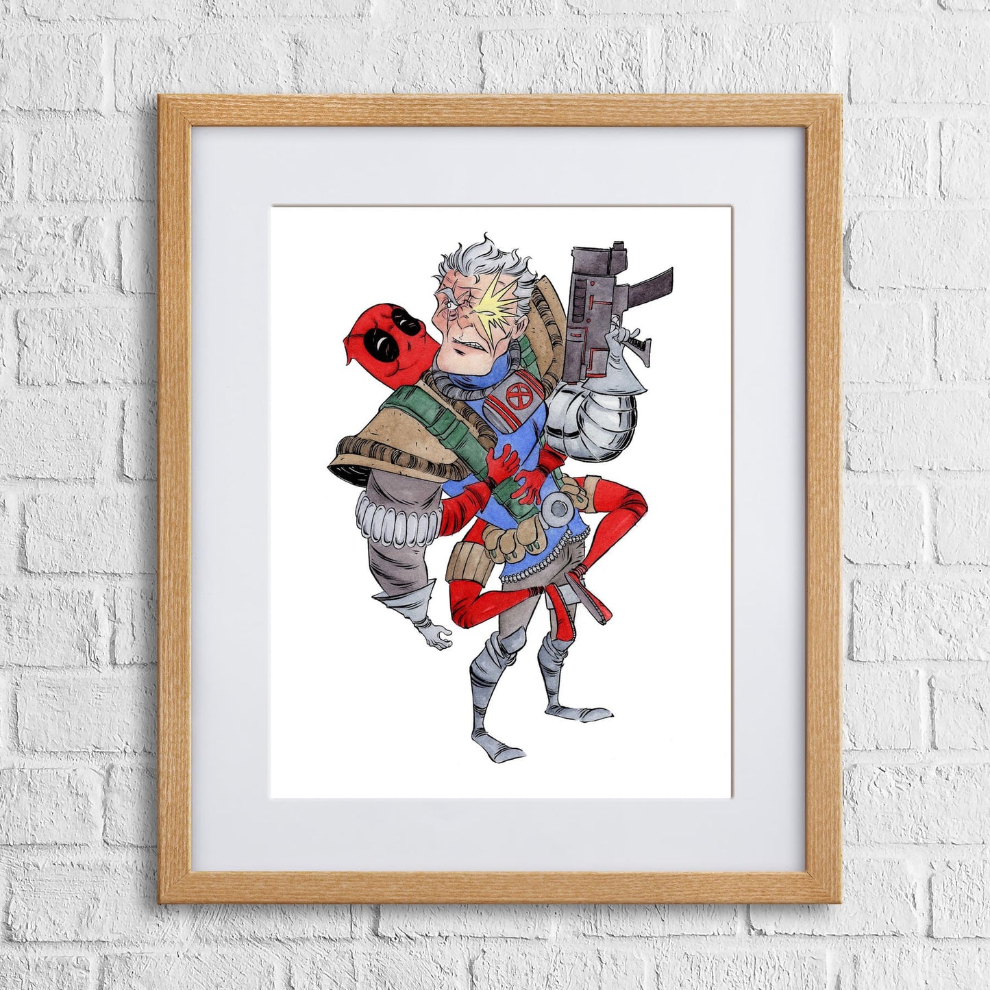 A framed watercolor print featuring a colorful superhero character with a gun and a red haired character wearing a suit and holding a gun.