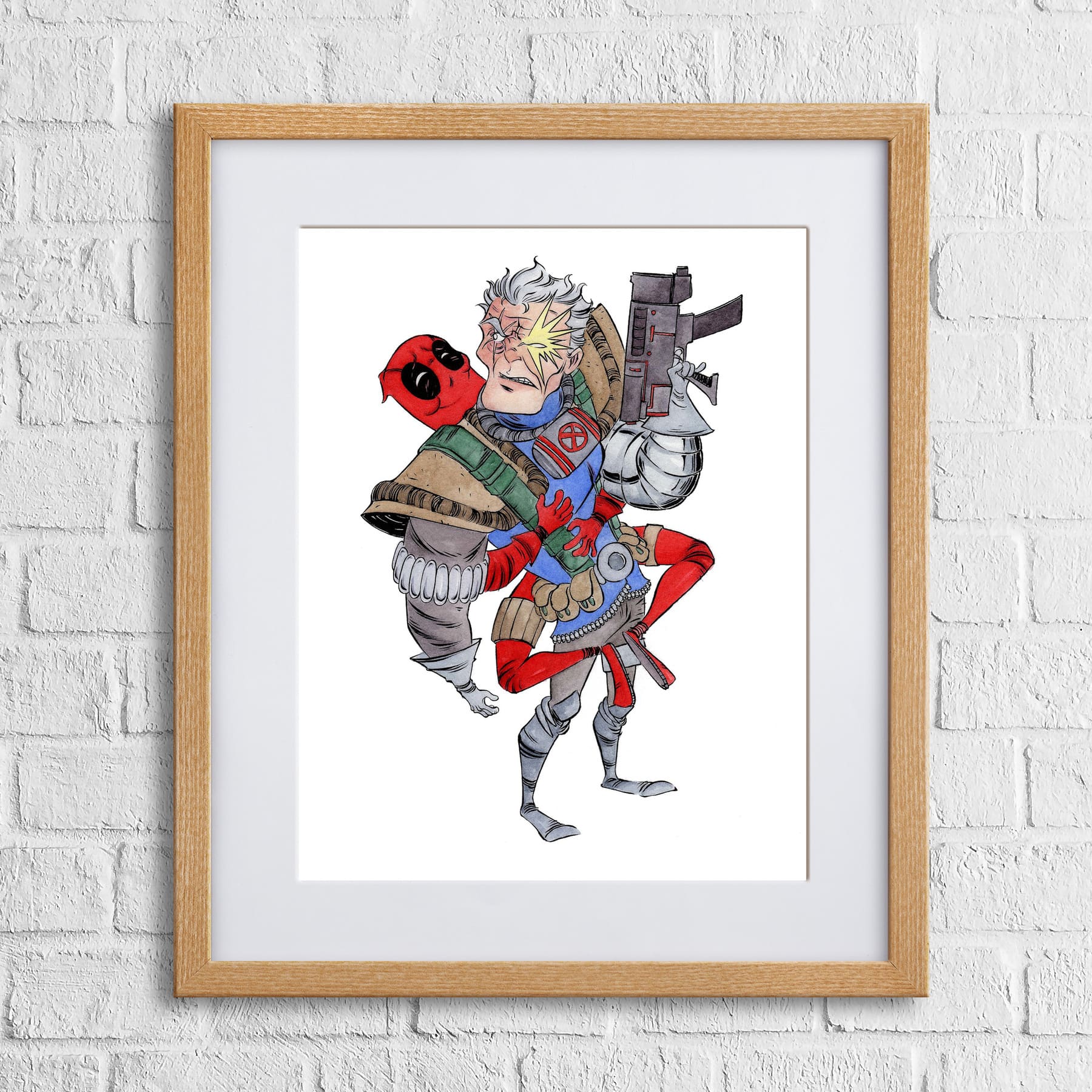A framed watercolor print featuring a colorful superhero character with a gun and a red haired character wearing a suit and holding a gun.