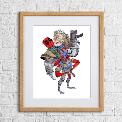 A framed watercolor print featuring a colorful superhero character with a gun and a red haired character wearing a suit and holding a gun.