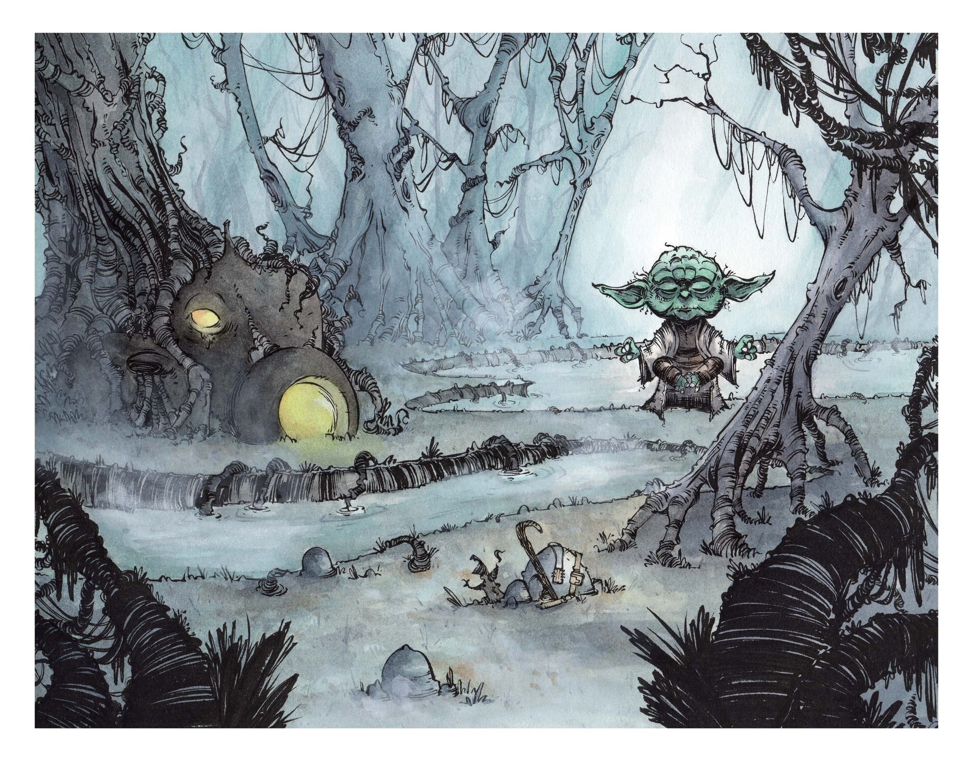 Fine-art print “Golden Trio (Full)” by Anthony Wheeler — full scale illustration of three golden-toned characters in stylised composition.