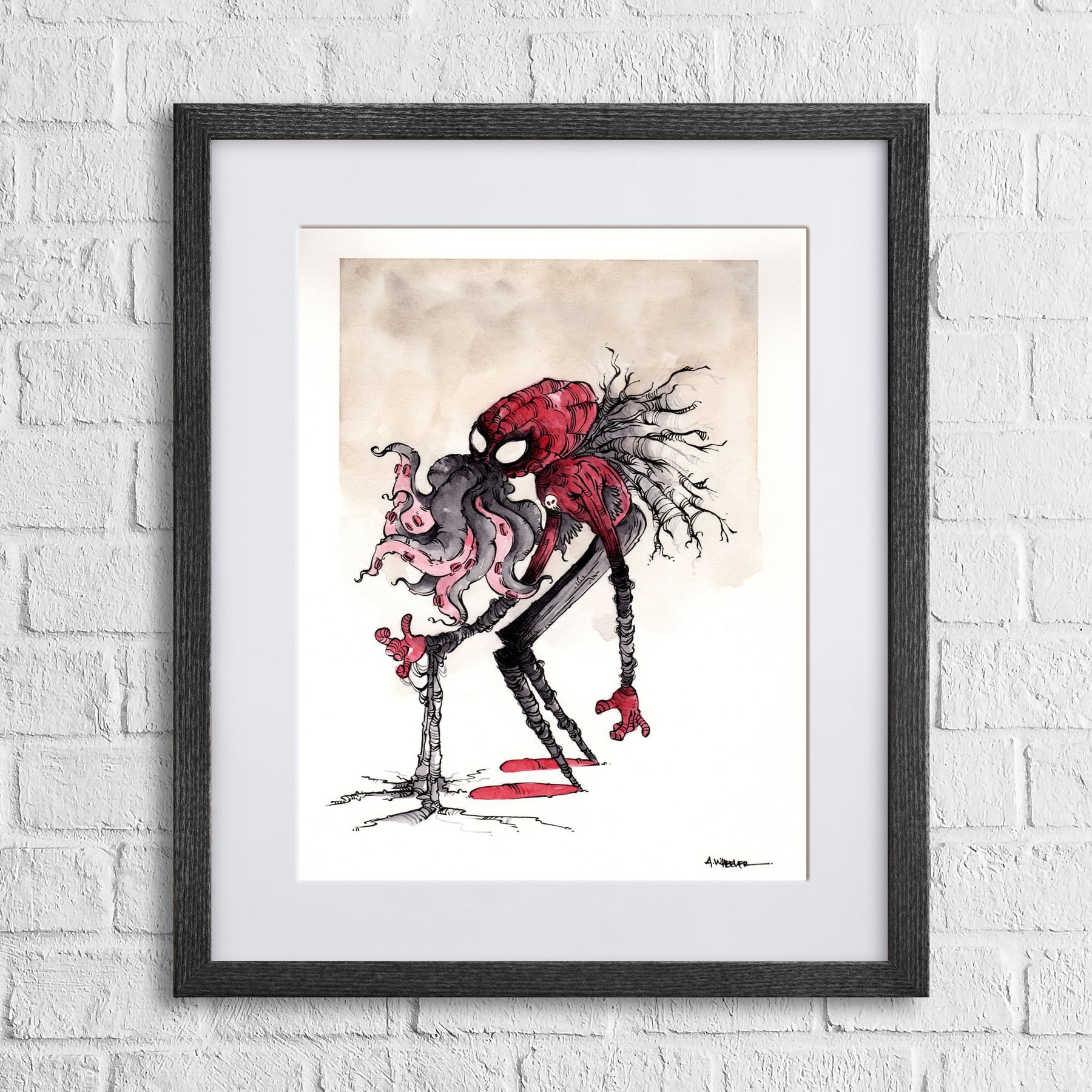 Fine-art print “Spider Cthulhu” by Anthony Wheeler — imaginative illustration combining spider-creature and Cthulhu mythos, bold linework and dramatic tone.
