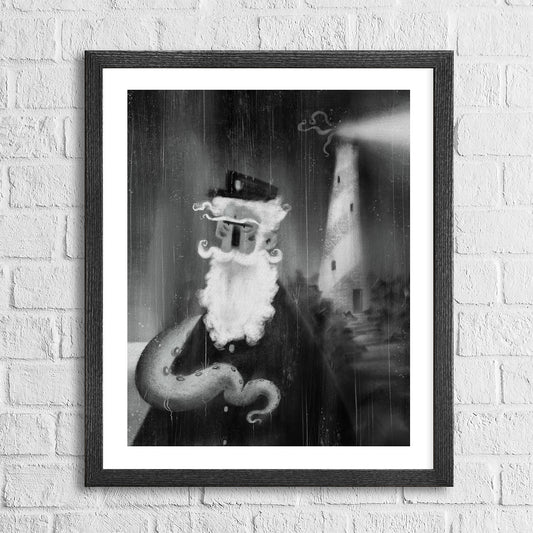 Moody grayscale illustration of a mysterious lighthouse keeper with tentacles beneath his coat standing near a lighthouse in the rain from Anthony Wheeler’s Into the Grey series.