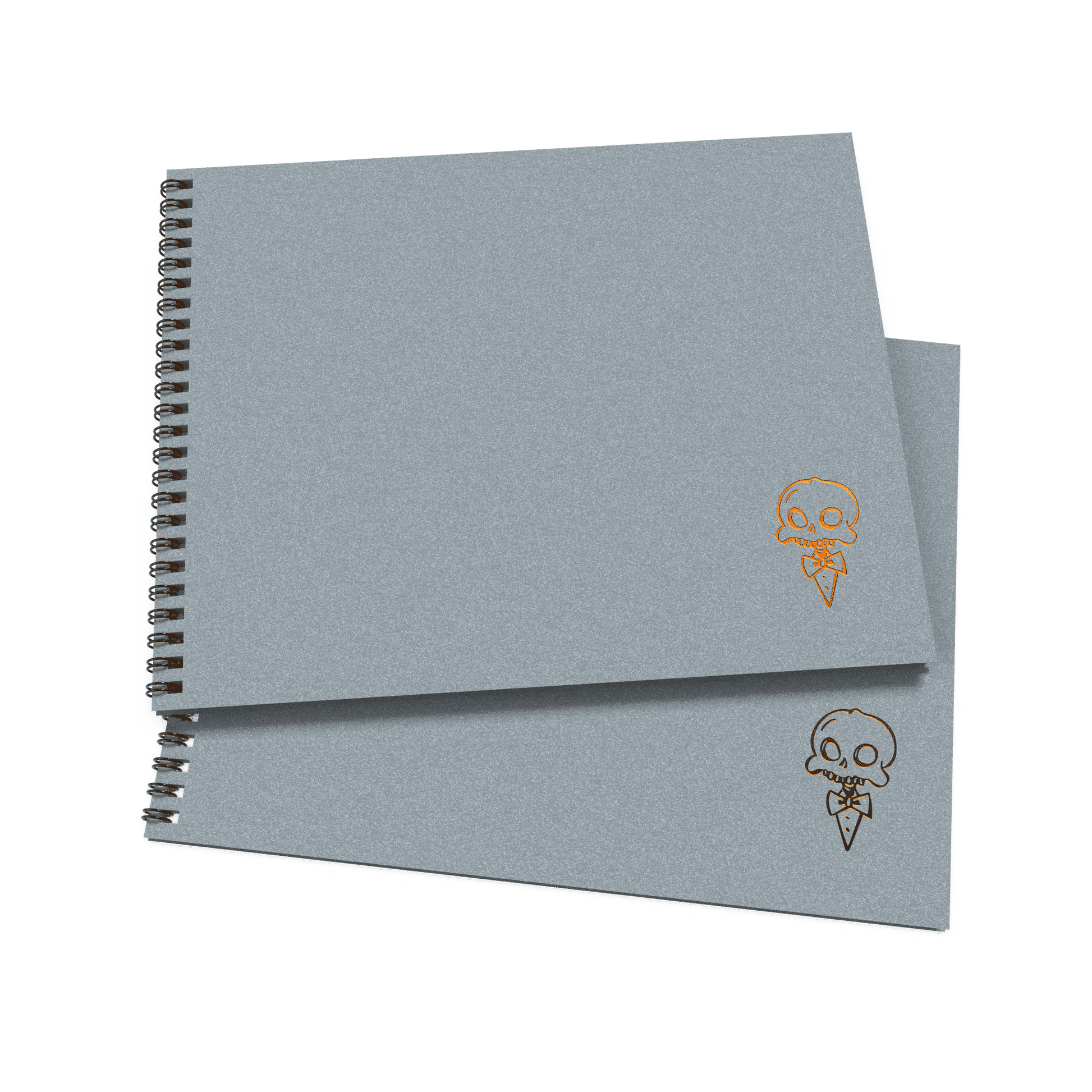 A stack of two gray sketchbooks with a decorative skull and crossbones design on the cover.