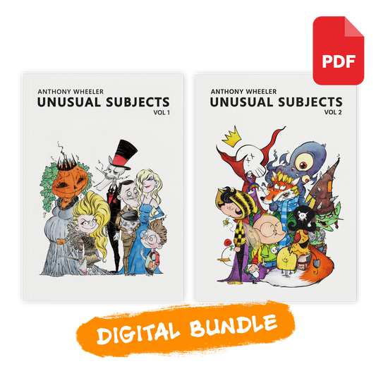 Digital bundle featuring Unusual Subjects Vol. 1 and Unusual Subjects Vol. 2 art books by Anthony Wheeler, including downloadable PDF editions.