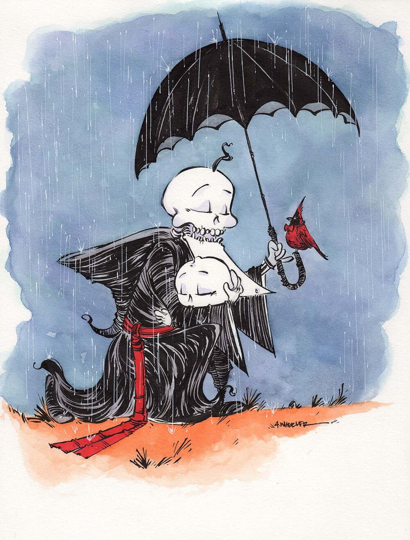 Color illustration of Wally and his dad sharing a warm family moment together, stylized in Anthony Wheeler’s playful children’s book style.