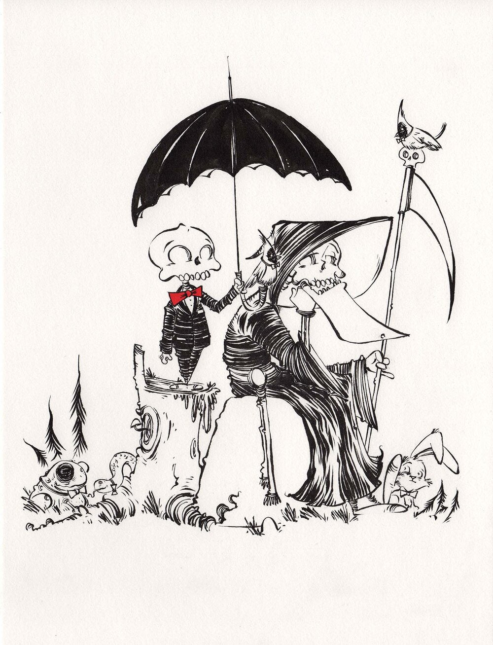 Black-and-white sketch of Wally and his dad sitting side by side, tender father-and-son moment drawn in expressive line art.