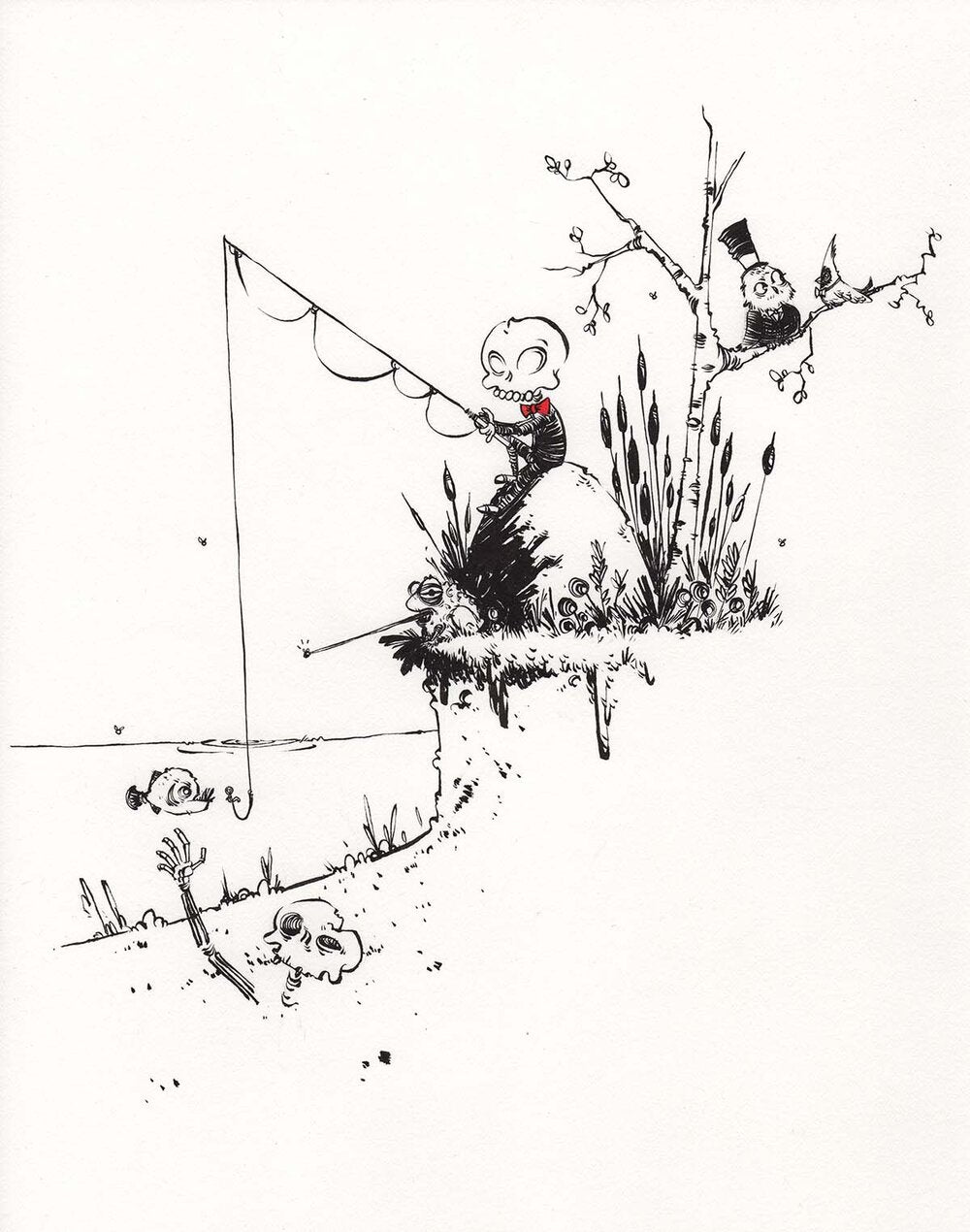 Illustration of Wally fishing by a peaceful lake, tranquil nature scene with detailed water reflections and soft pastel palette.