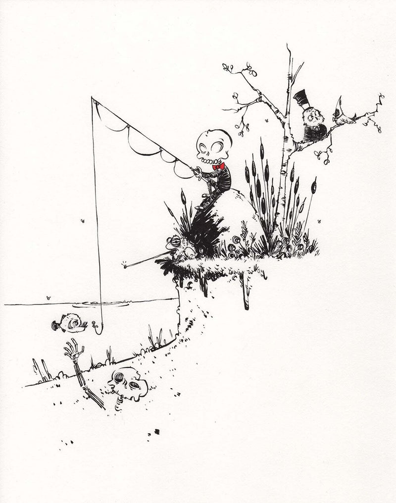 Illustration of Wally fishing by a peaceful lake, tranquil nature scene with detailed water reflections and soft pastel palette.