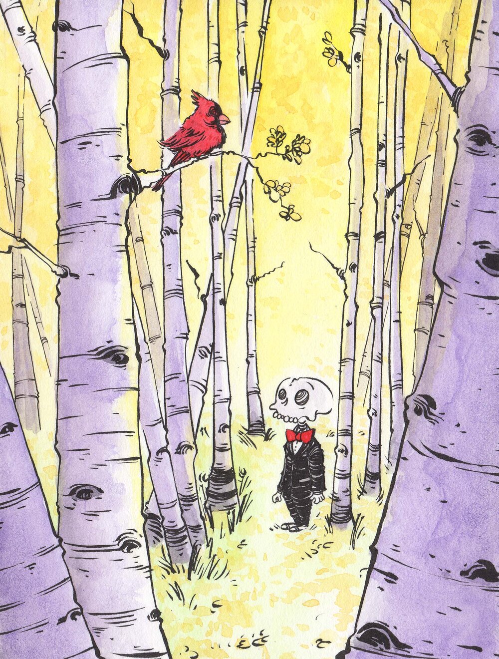 Children’s illustration of Wally walking through a forest with soft sunlight filtering through trees, gentle and peaceful atmosphere.