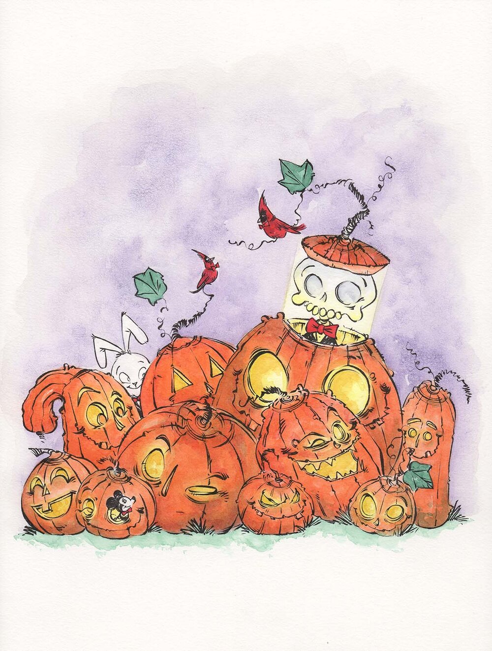 Illustration of Wally surrounded by carved pumpkins, playful Halloween-themed scene with soft lighting and autumn tones.