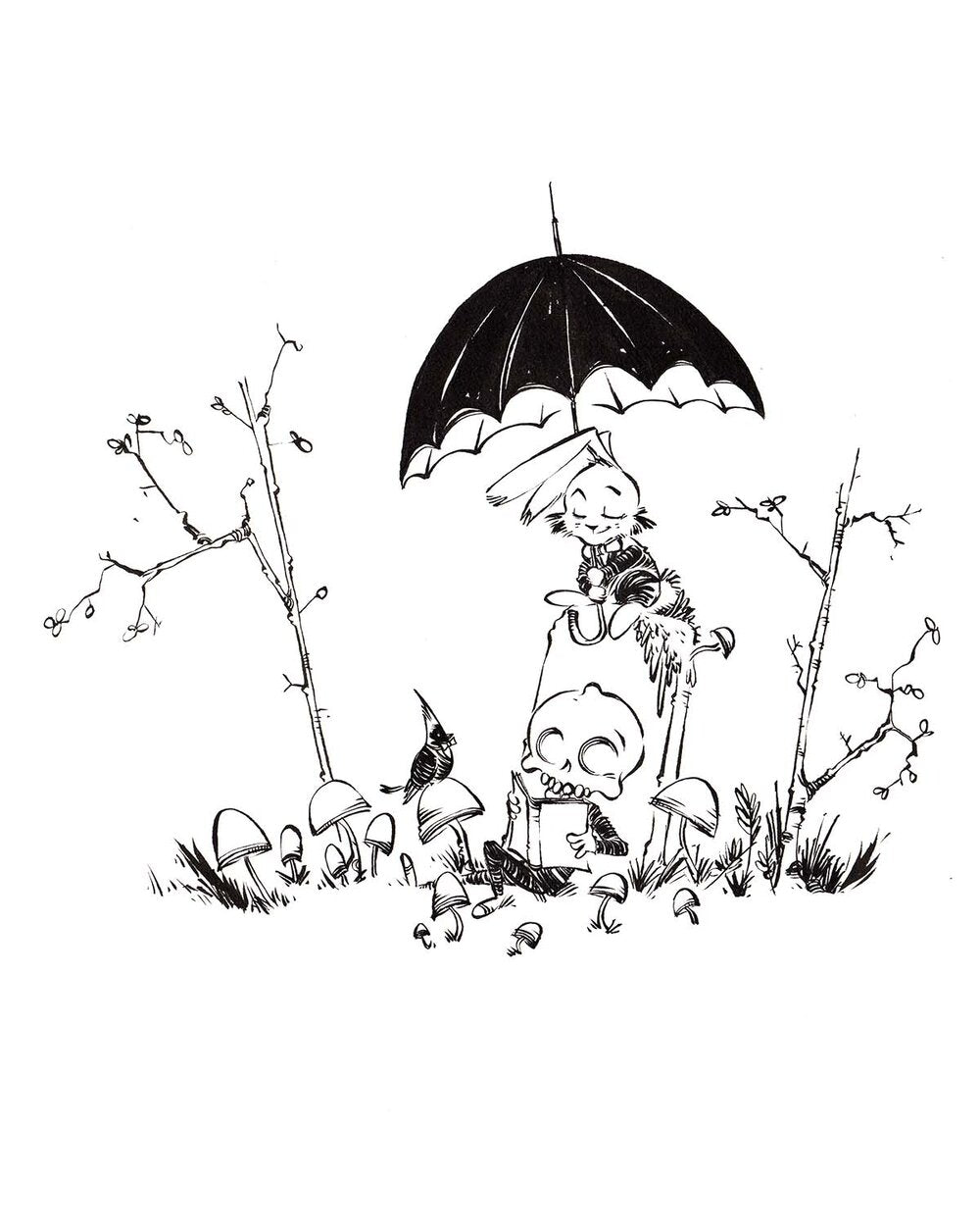 Illustration of Wally reading a book under soft lamplight, calm evening scene promoting imagination and storytelling.