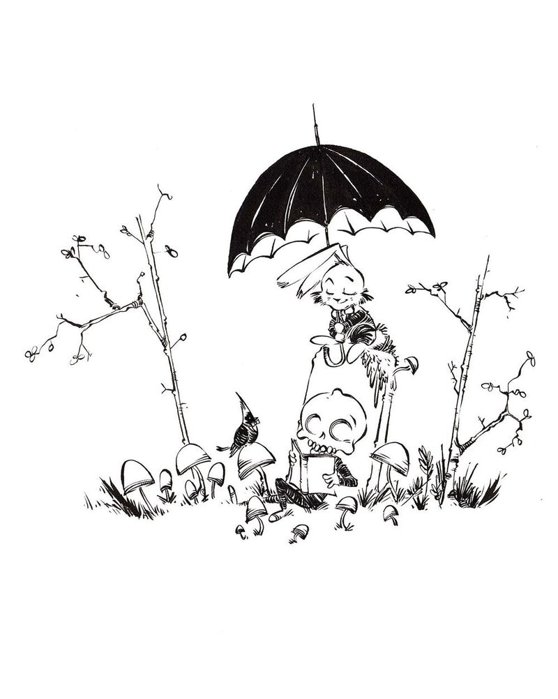 Illustration of Wally reading a book under soft lamplight, calm evening scene promoting imagination and storytelling.