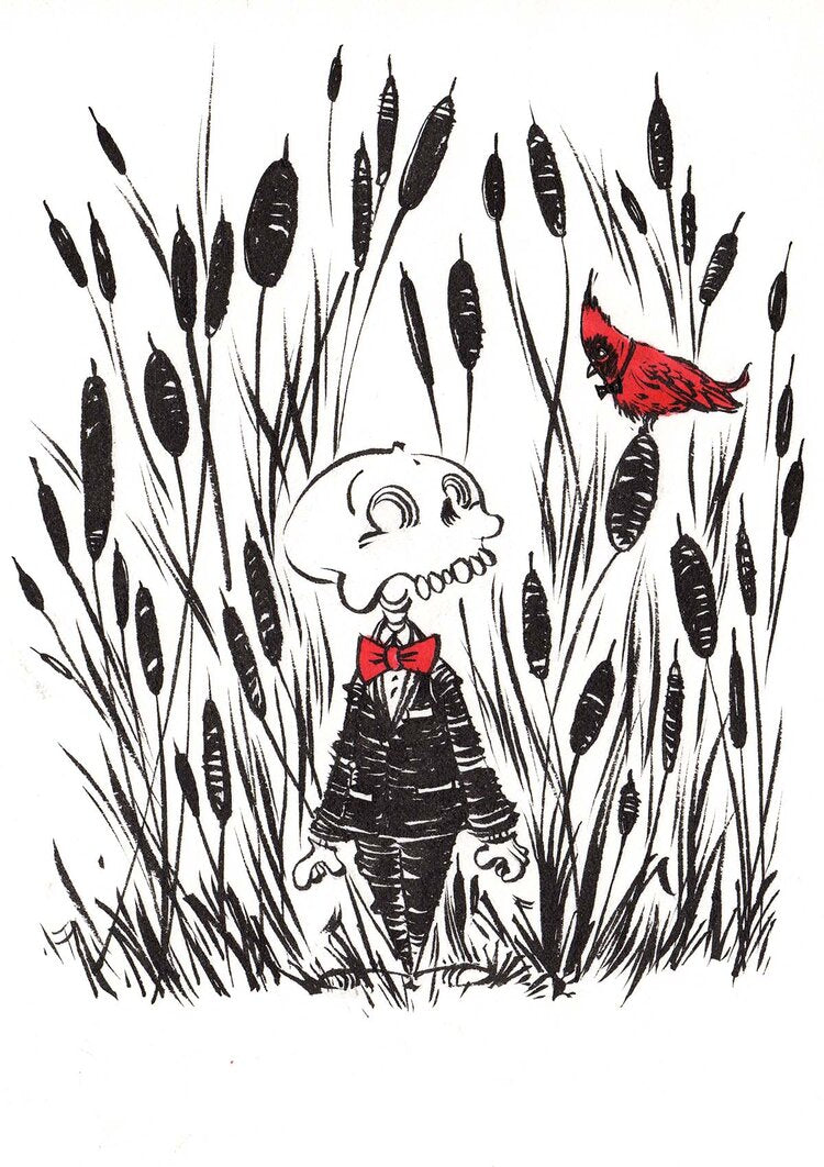 Illustration of Wally walking through tall reeds near a pond, soft painterly colors and calm nature setting.