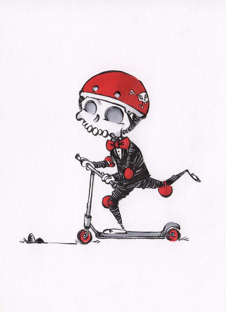 Illustration of Wally riding a small scooter down the street, expressive and energetic children’s book art style.
